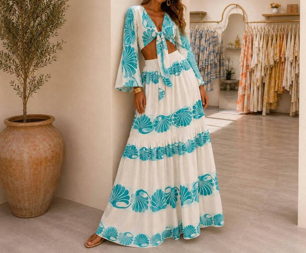 NEW MYSTERY RESORT seashell dreams maxi skirt set in aqua glass